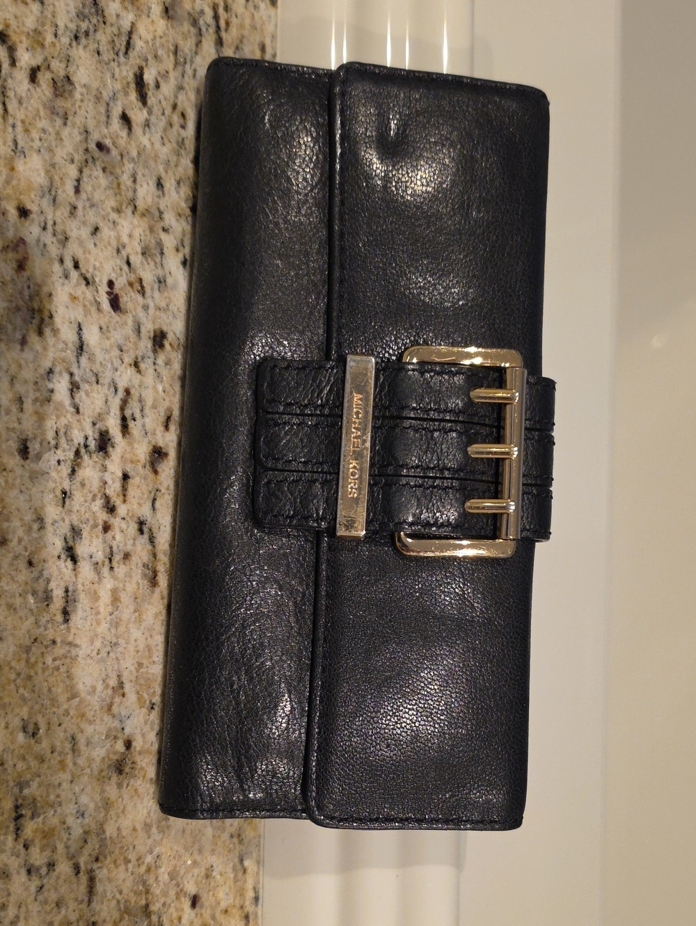 MICHAEL Michael Kors Black Leather Wallet with Gold Buckle Accent